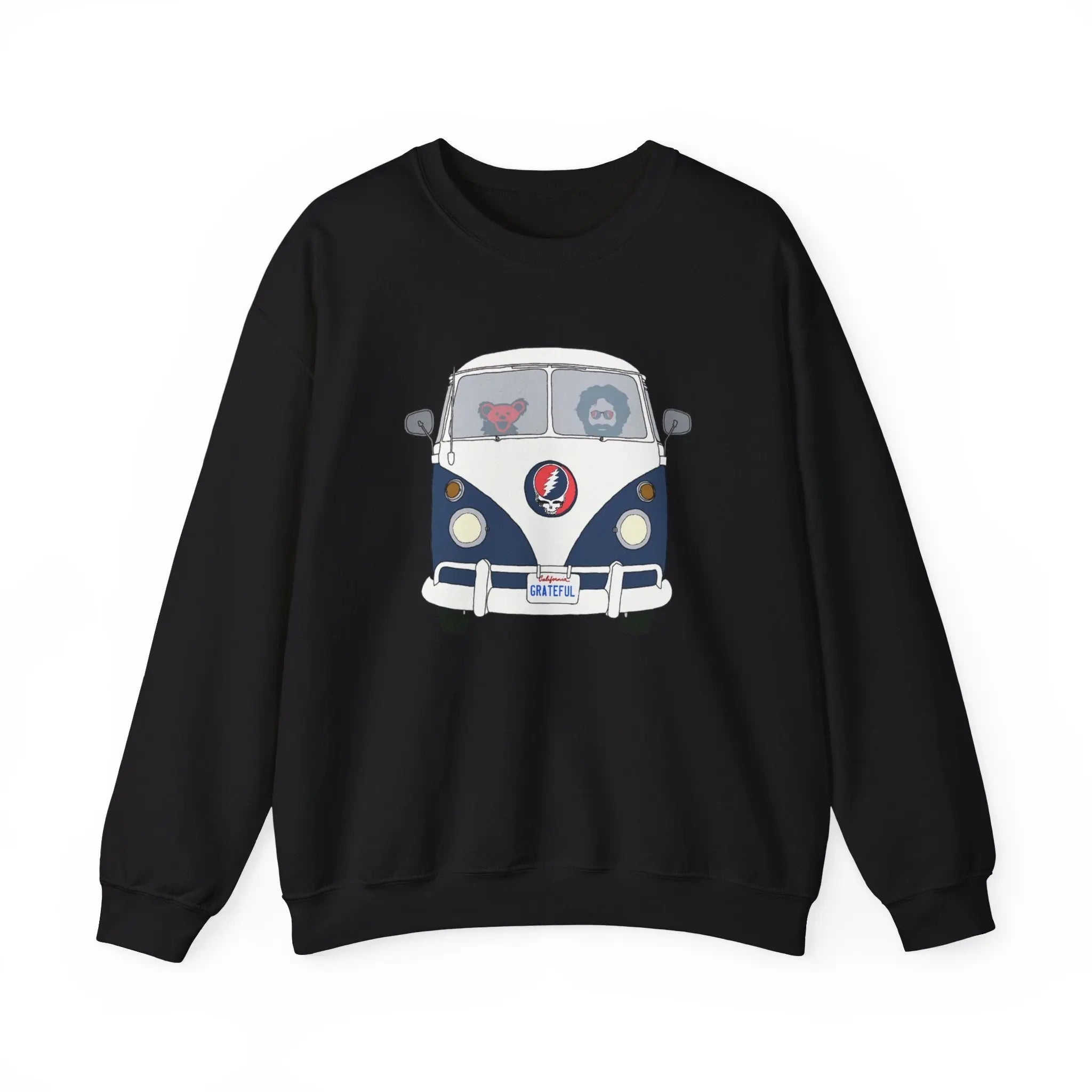 Black crewneck sweatshirt with blue bus graphic, front view
