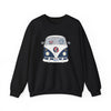 Black crewneck sweatshirt with blue bus graphic, front view