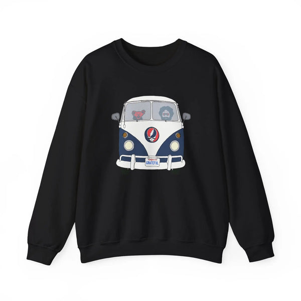 Black crewneck sweatshirt with blue bus graphic, front view