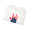 White crewneck sweatshirt with red and blue handprint graphic on the chest