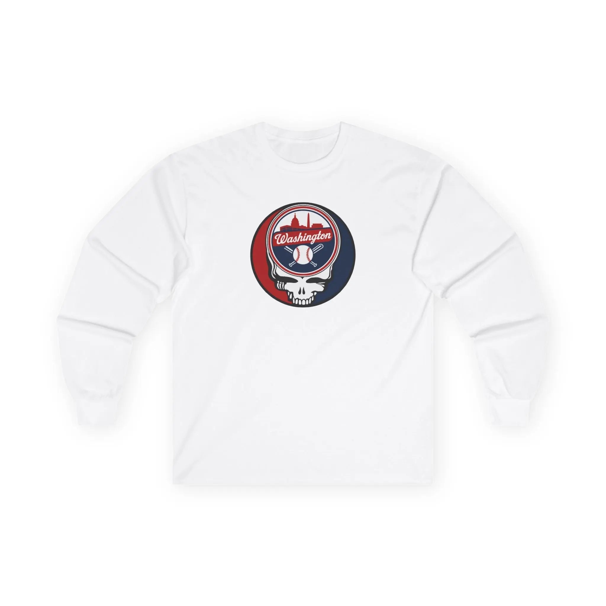 White long-sleeve T-shirt with circular Washington logo and skull graphic