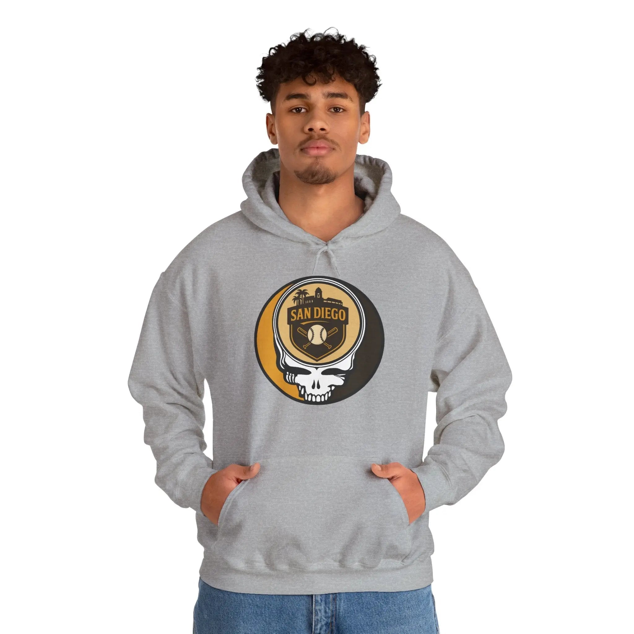 Sport grey pullover hoodie with hood and San Diego circular logo graphic