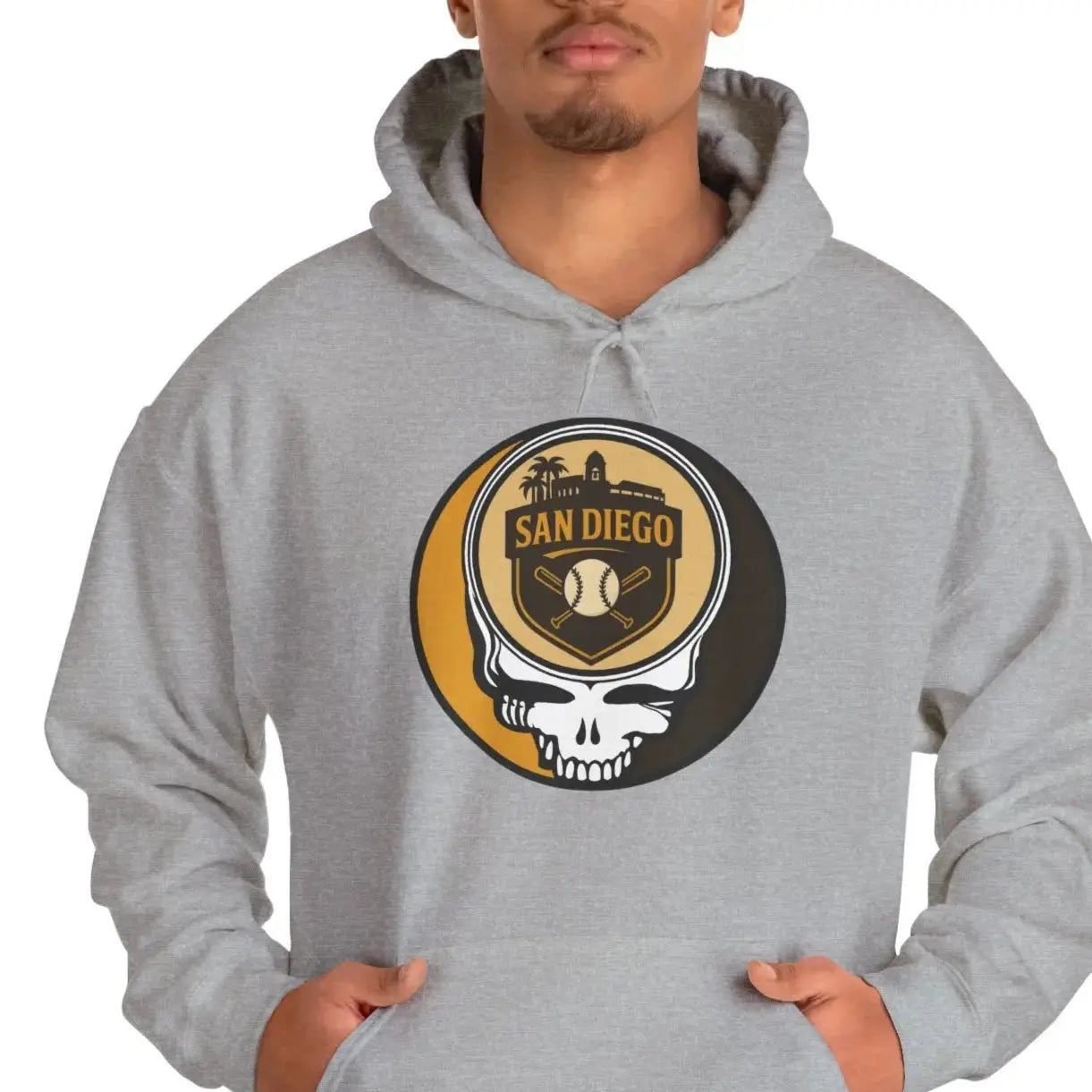 Sport grey hoodie with San Diego circular logo graphic and front pouch pocket