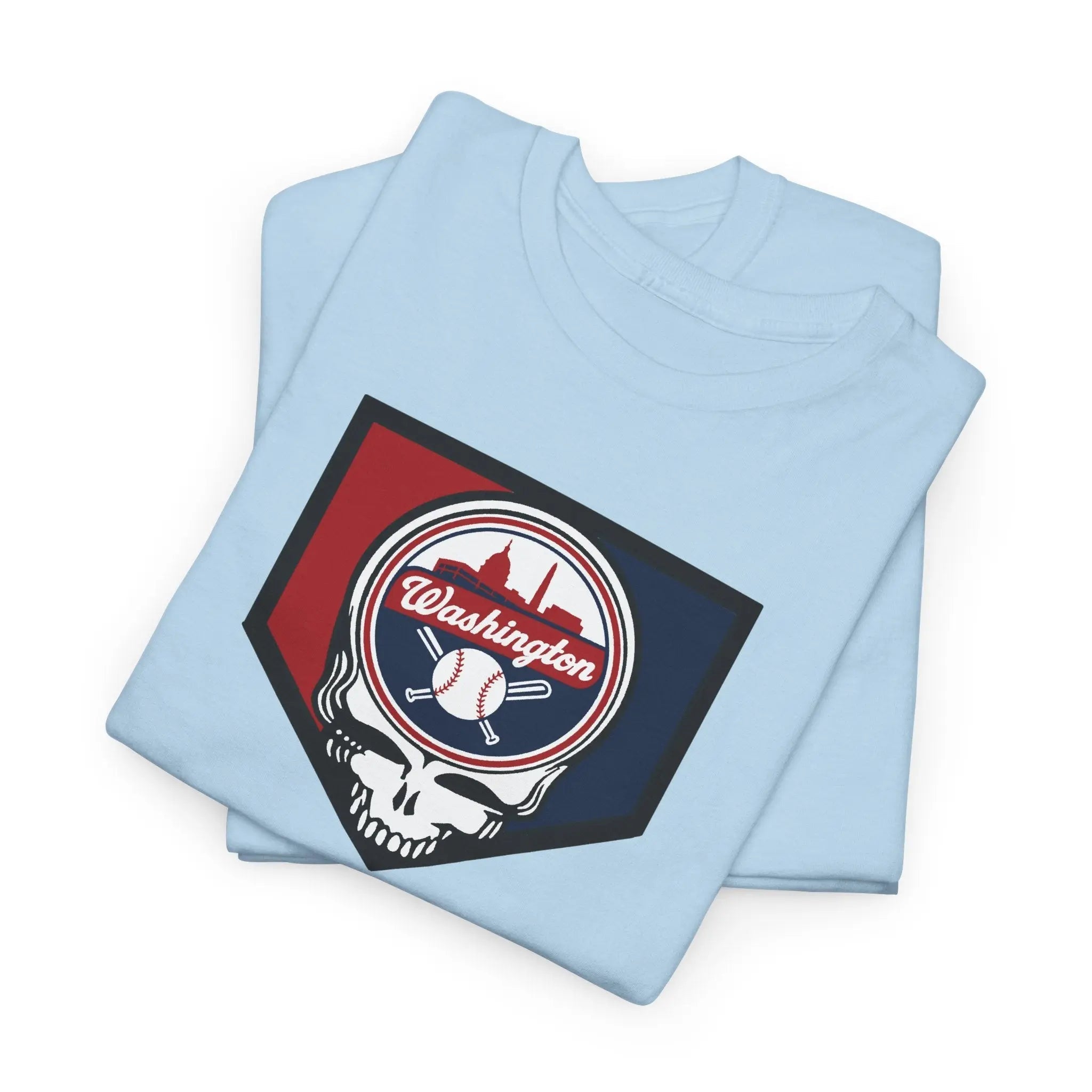 Light blue short-sleeve T-shirt with large Washington Nationals logo graphic on chest