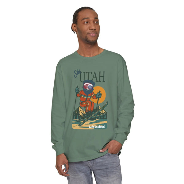 Green long-sleeve T-shirt with Ski Utah front graphic and crew neckline