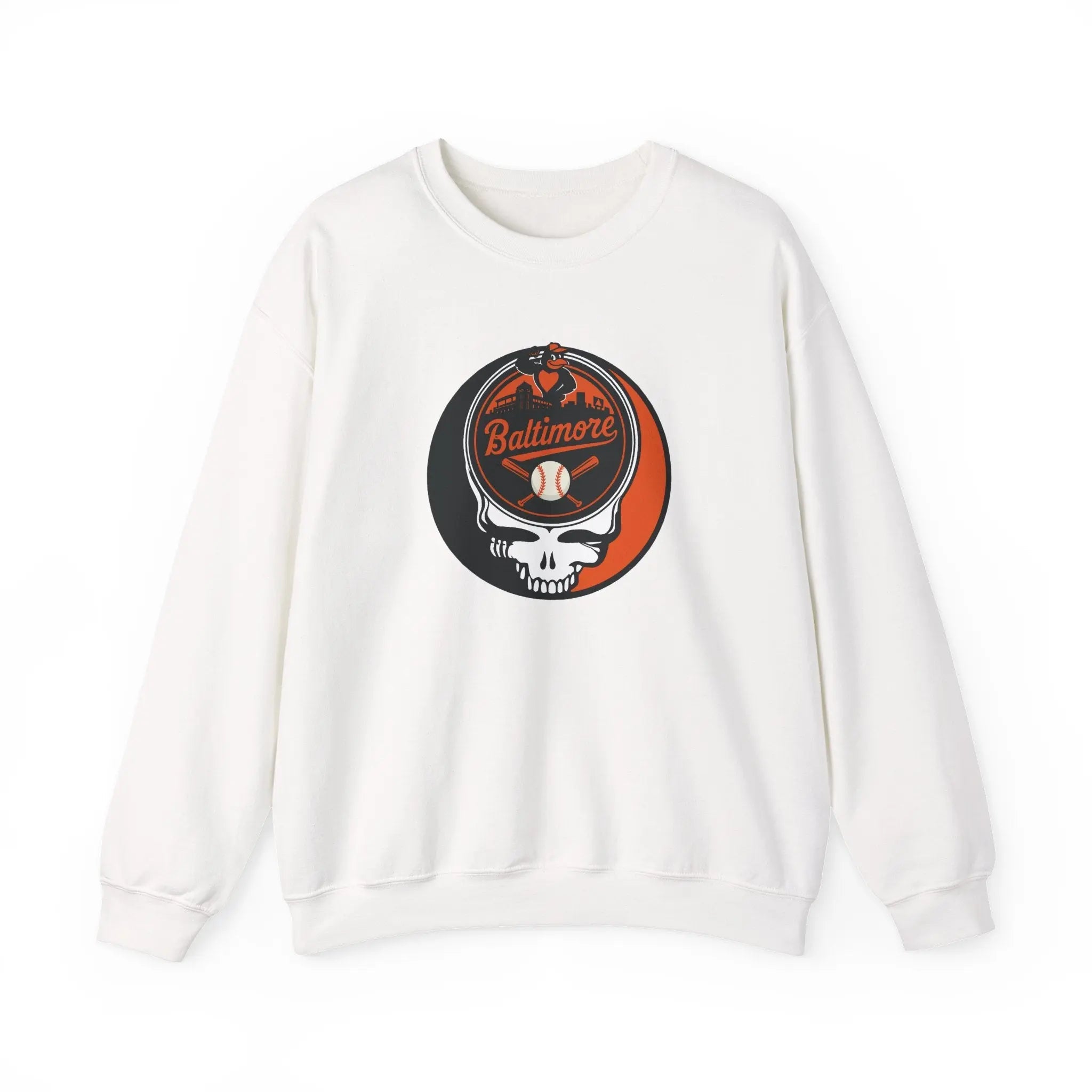 Baltimore Orioles crewneck sweatshirt in white with front skull logo graphic