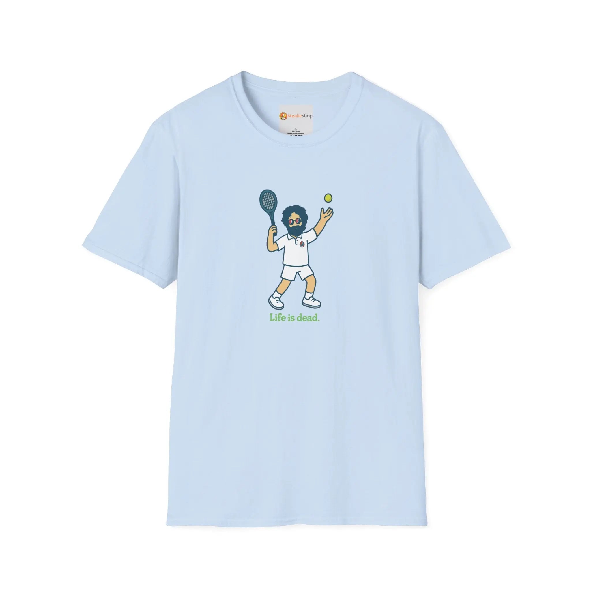 Light blue graphic T-shirt with cartoon tennis player front print