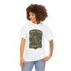 White short-sleeve T-shirt with green New York Yankees skeleton graphic, worn by model