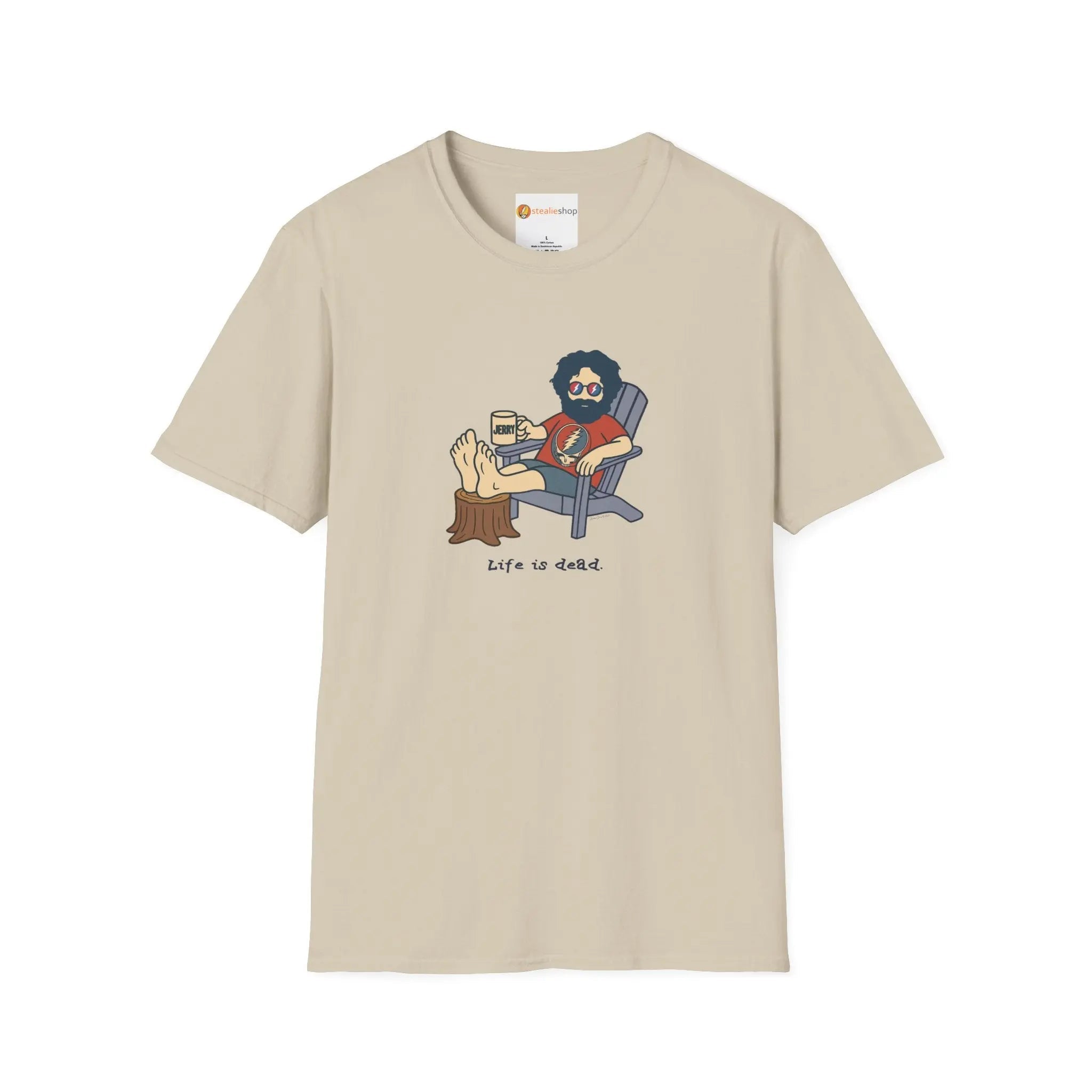 Sand graphic T-shirt with crew neck and illustrated seated character on front