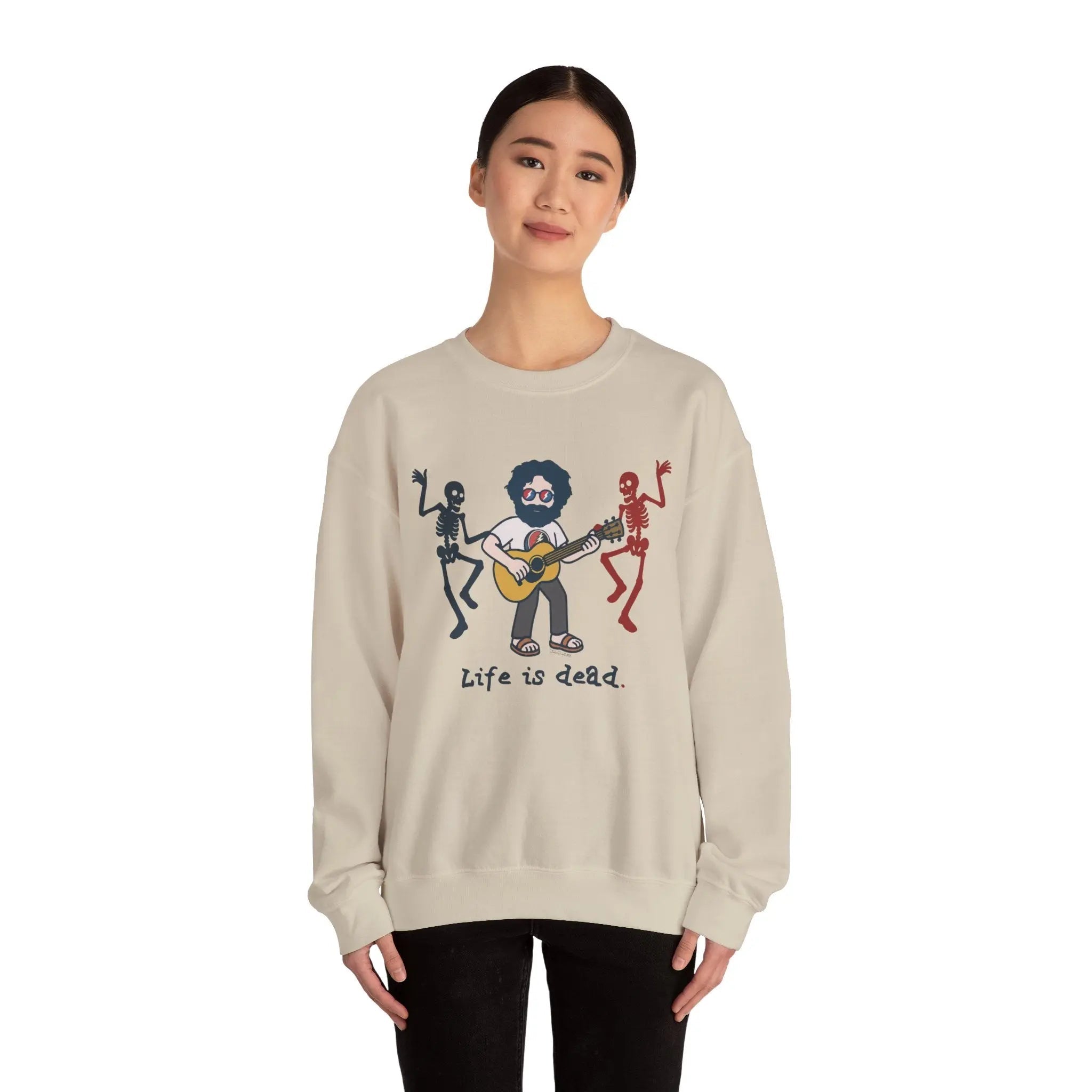 Sand crewneck sweatshirt with band graphic and small skeleton characters