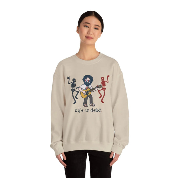 Sand crewneck sweatshirt with band graphic and small skeleton characters