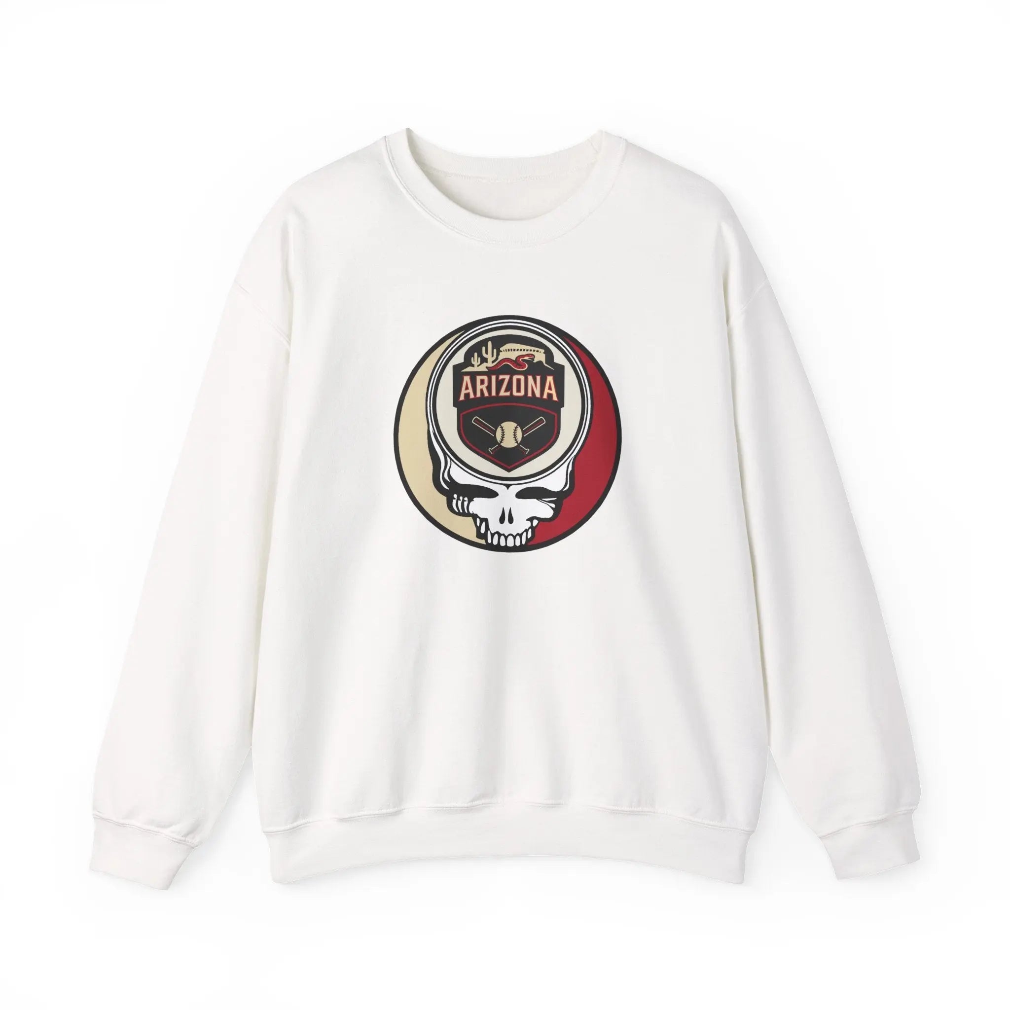 White crewneck sweatshirt with Arizona logo skull patch graphic