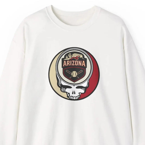 White crewneck sweatshirt with Arizona logo skull graphic on chest