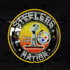 Circular Steelers neon sign with yellow outline, trophy, Steelers logo, red base stripes