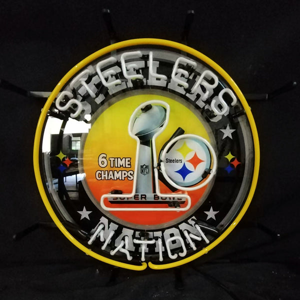 Circular Steelers neon sign with yellow outline, trophy, Steelers logo, red base stripes