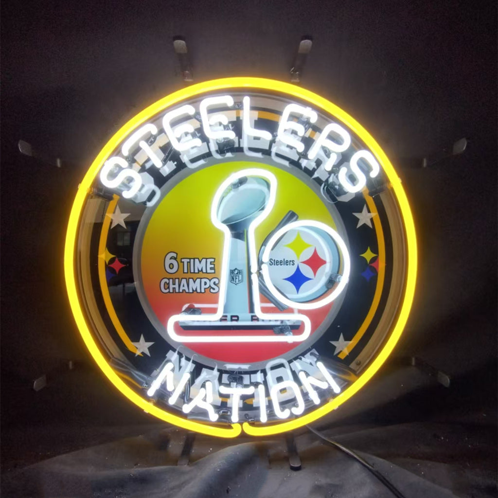 Circular Steelers neon sign with yellow border, trophy, and '6 time champs' text