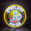 Circular Steelers neon sign with yellow border, trophy, and '6 time champs' text