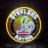 Circular Steelers neon sign with yellow glow, trophy graphic, Steelers logo, 'Nation' text