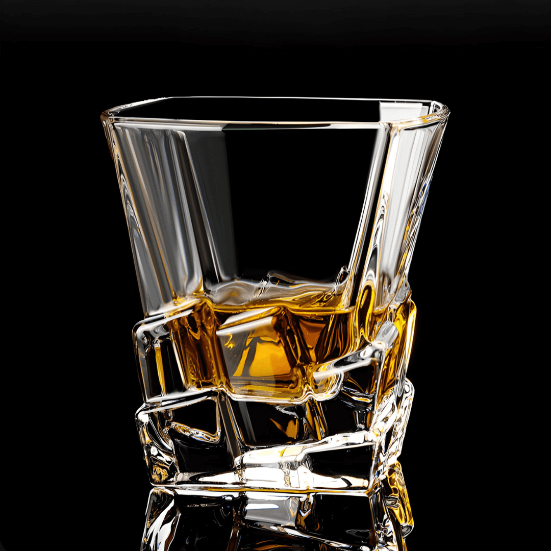 Faceted Japanese whisky glass with amber liquid, rectangular cutout design