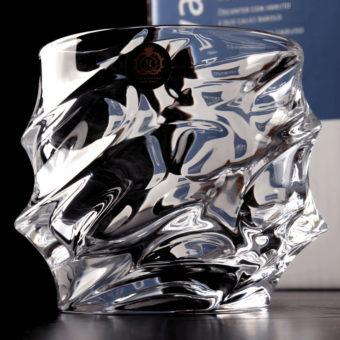 Japanese crystal whisky glass with abstract cut pattern, clear cut-glass tumbler