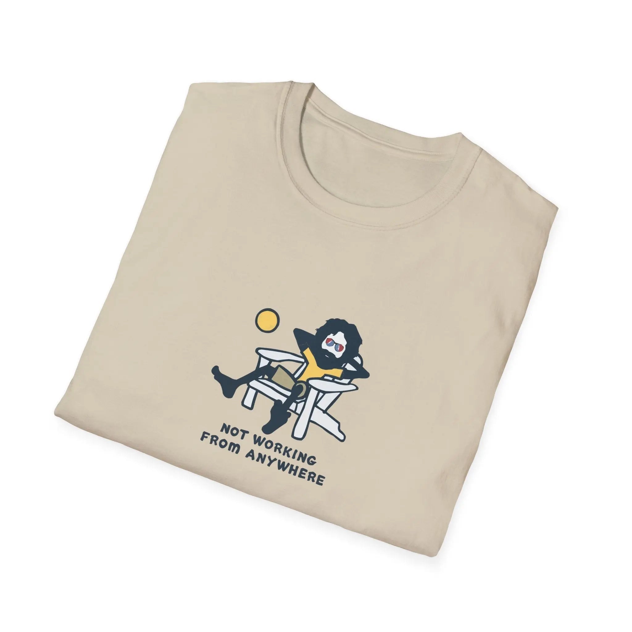 Sand crew-neck T-shirt with cartoon “NOT WORKING FROM ANYWHERE” graphic on chest