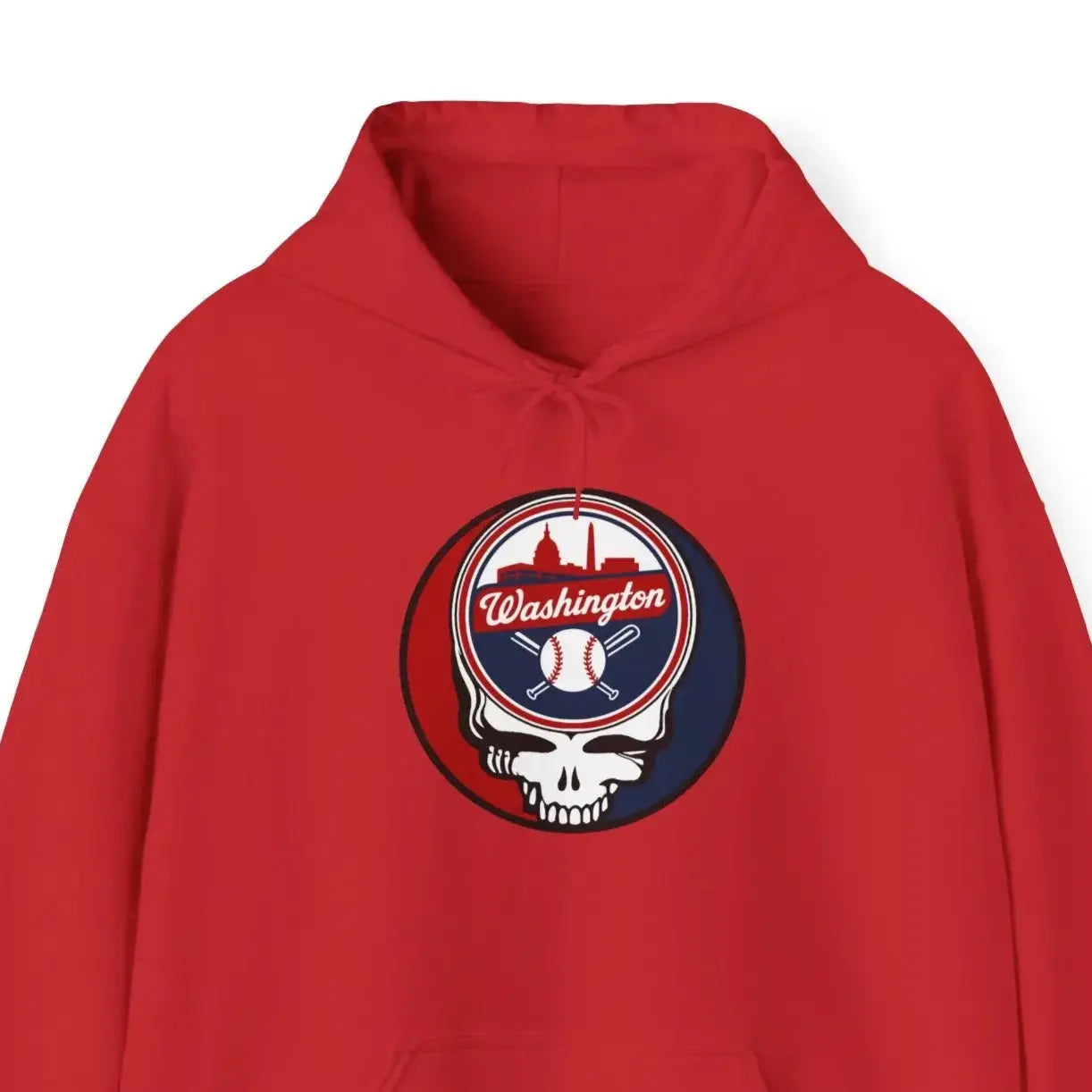 Red Washington Nationals hoodie with front circular team logo and skull graphic