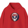 Red Washington Nationals hoodie with front circular team logo and skull graphic