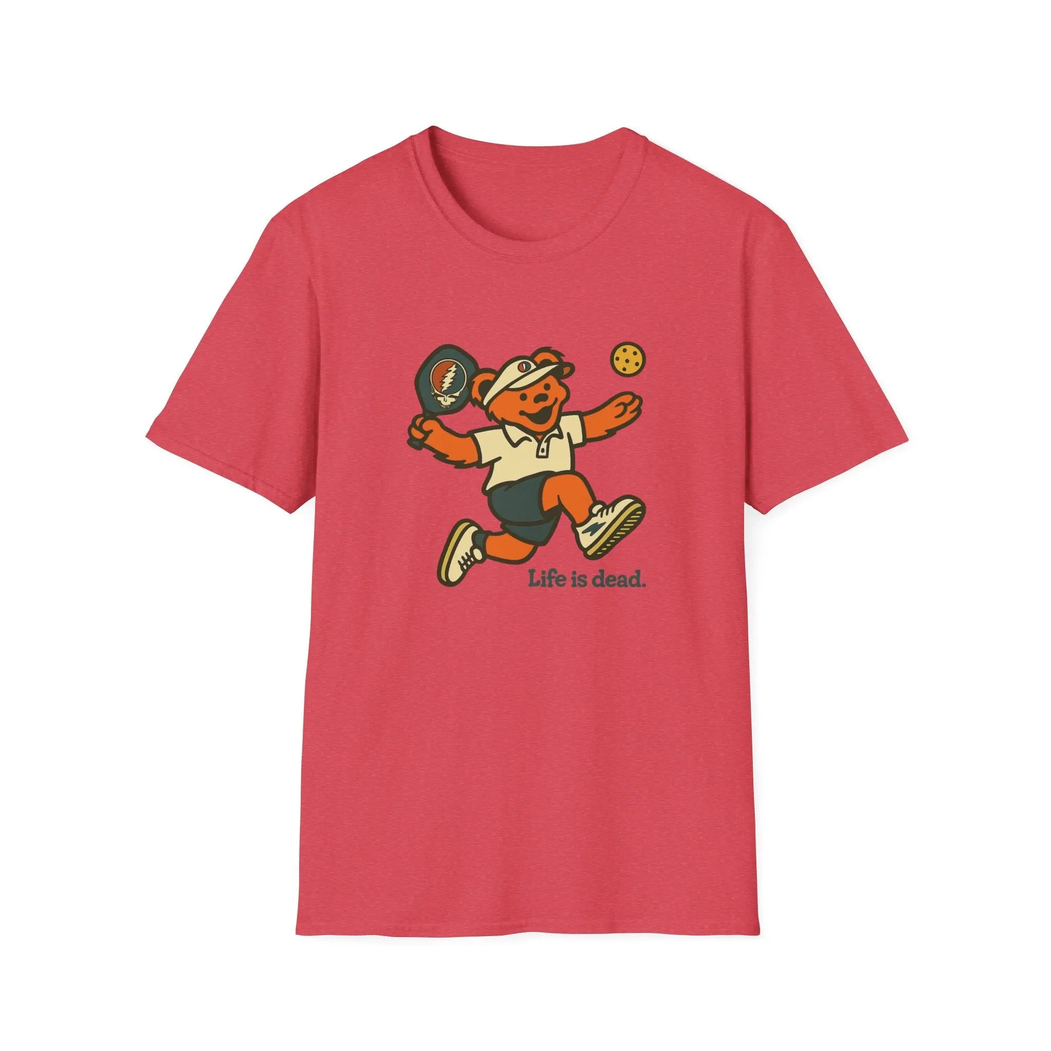 Red crewneck t-shirt with running bear holding pickleball paddle and 'Life is dead.'