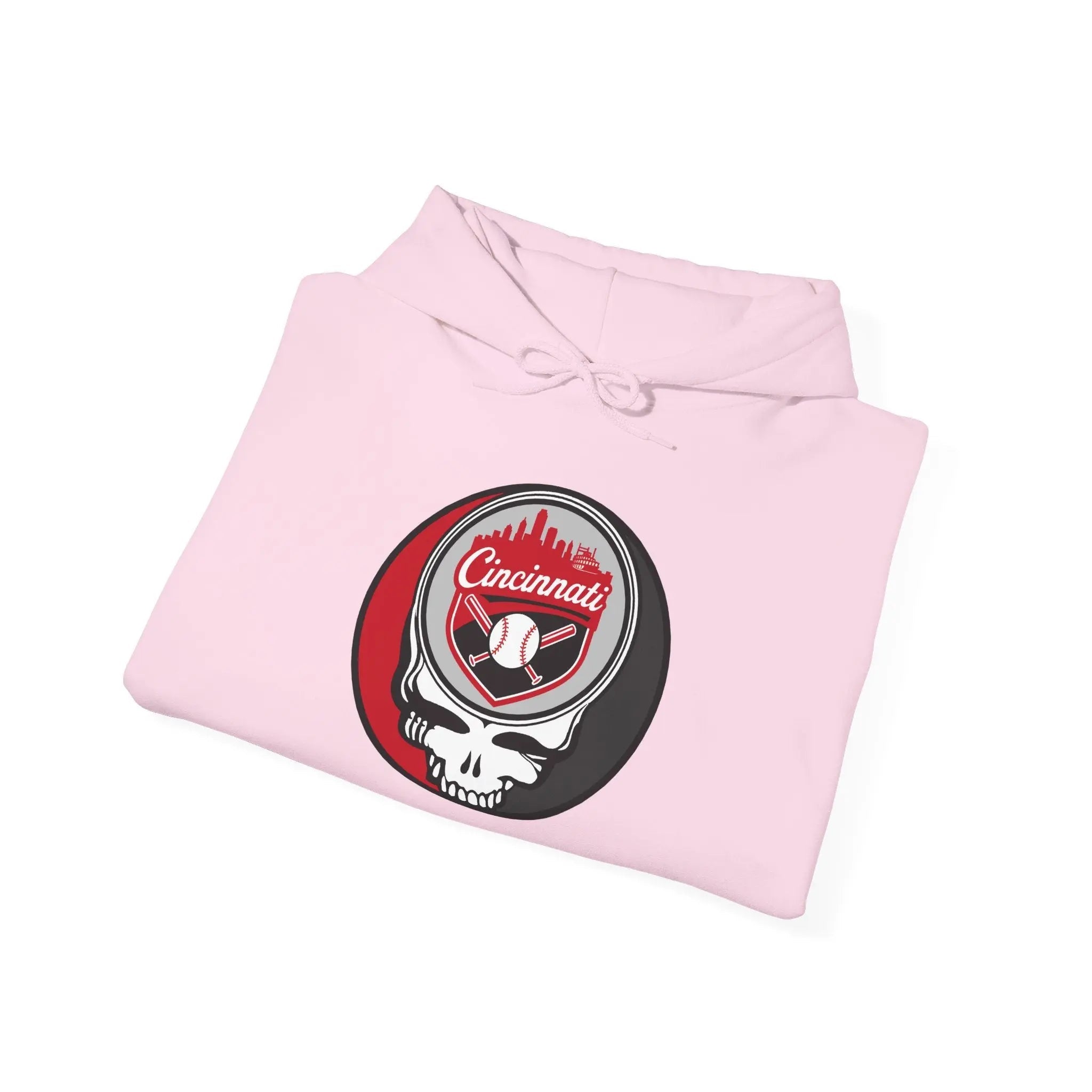 Light pink Cincinnati logo hoodie with drawstring hood and front kangaroo pocket