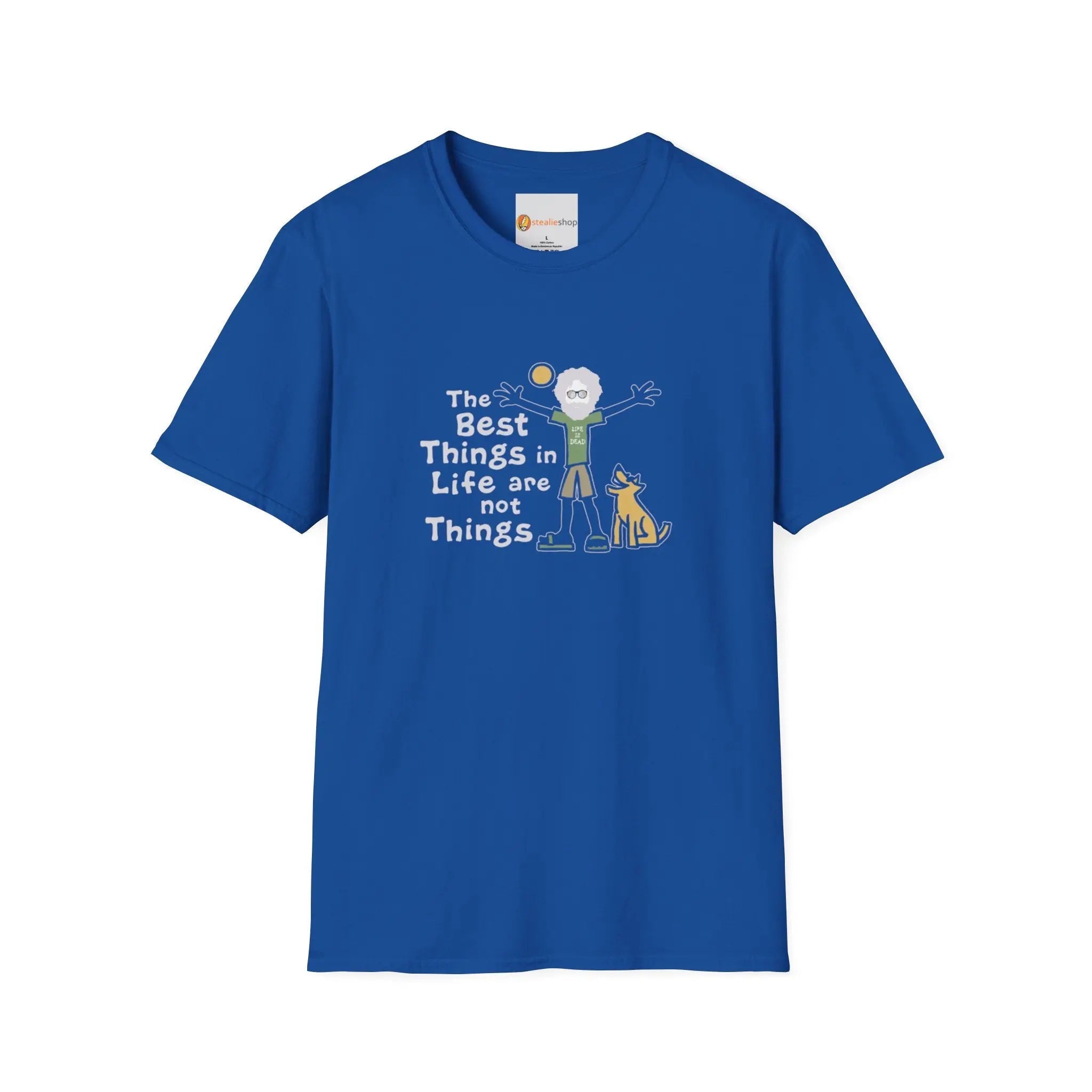 Royal blue graphic T-shirt with crew neck and short sleeves, front slogan and animal art