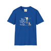 Royal blue graphic T-shirt with crew neck and short sleeves, front slogan and animal art