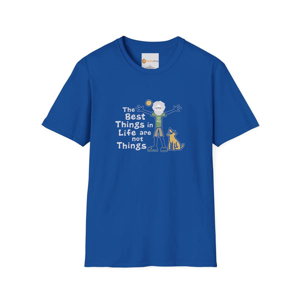 Royal blue graphic T-shirt with crew neck and short sleeves, front slogan and animal art