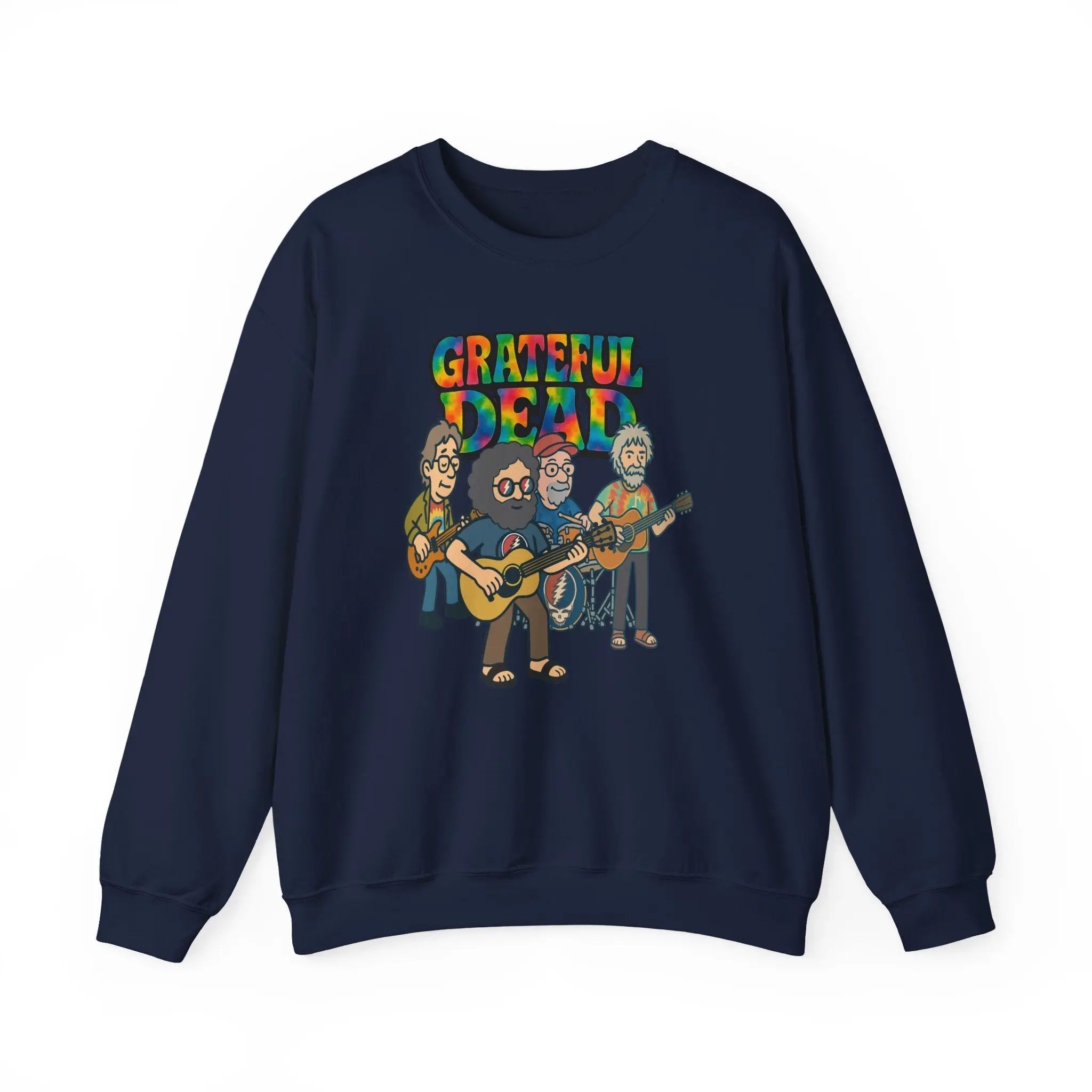 Navy crewneck sweatshirt with long sleeves and Grateful Dead band graphic