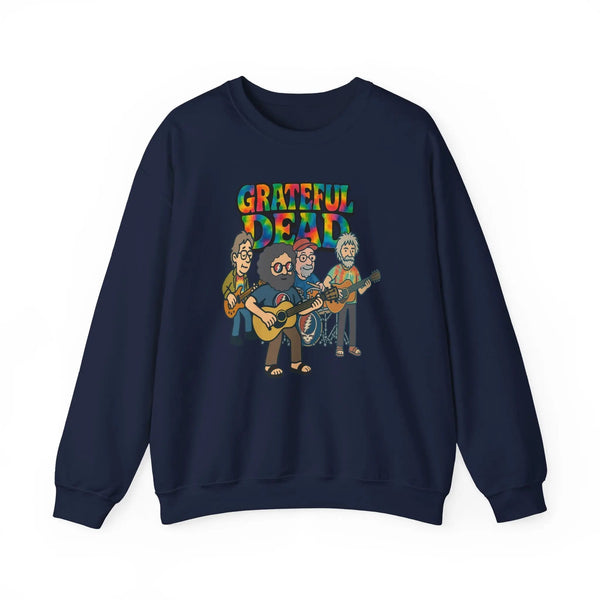 Navy crewneck sweatshirt with long sleeves and Grateful Dead band graphic