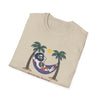 Sand beige crewneck T-shirt with sloth hammock graphic and palm trees
