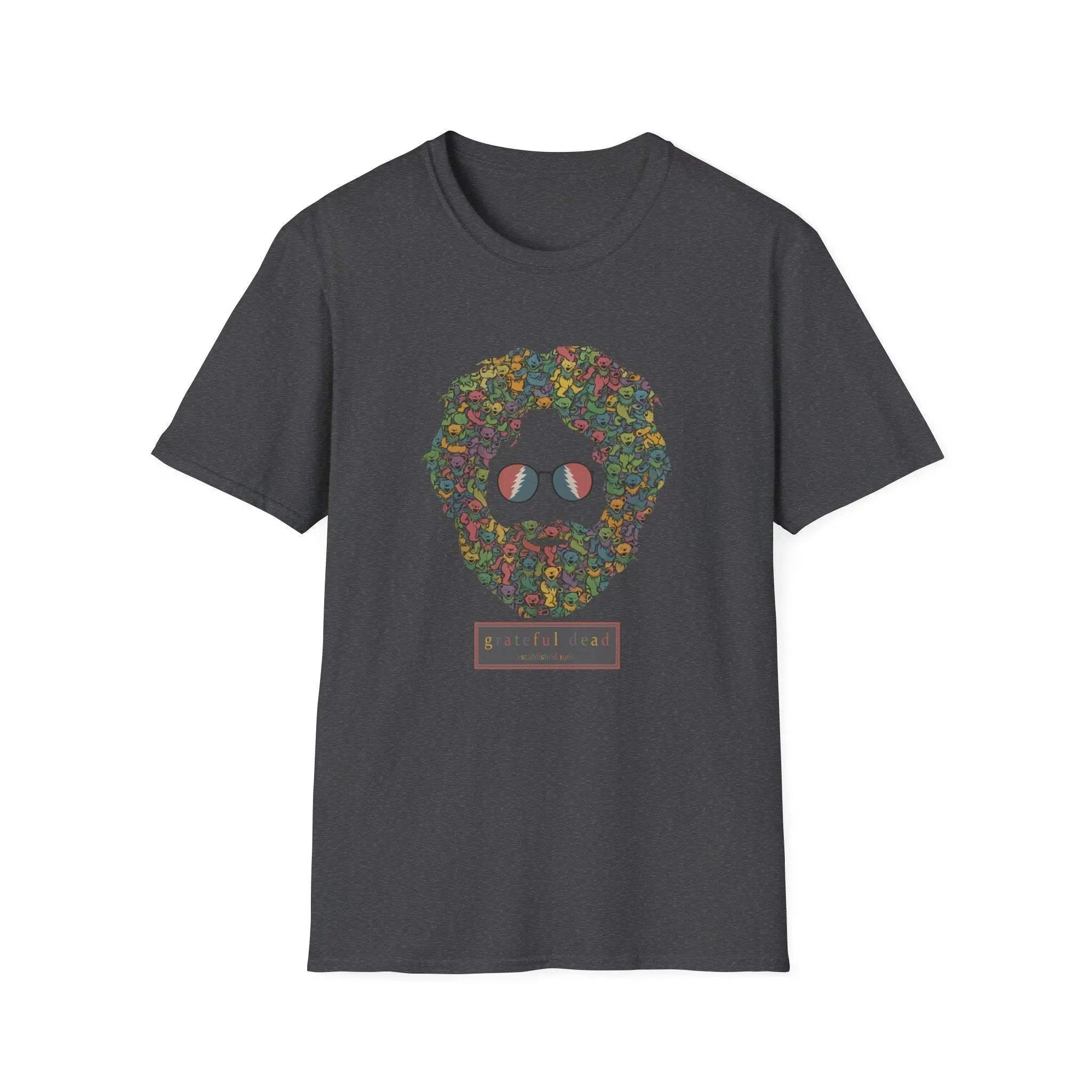 Charcoal T-shirt with colorful dancing bears face graphic on the chest.