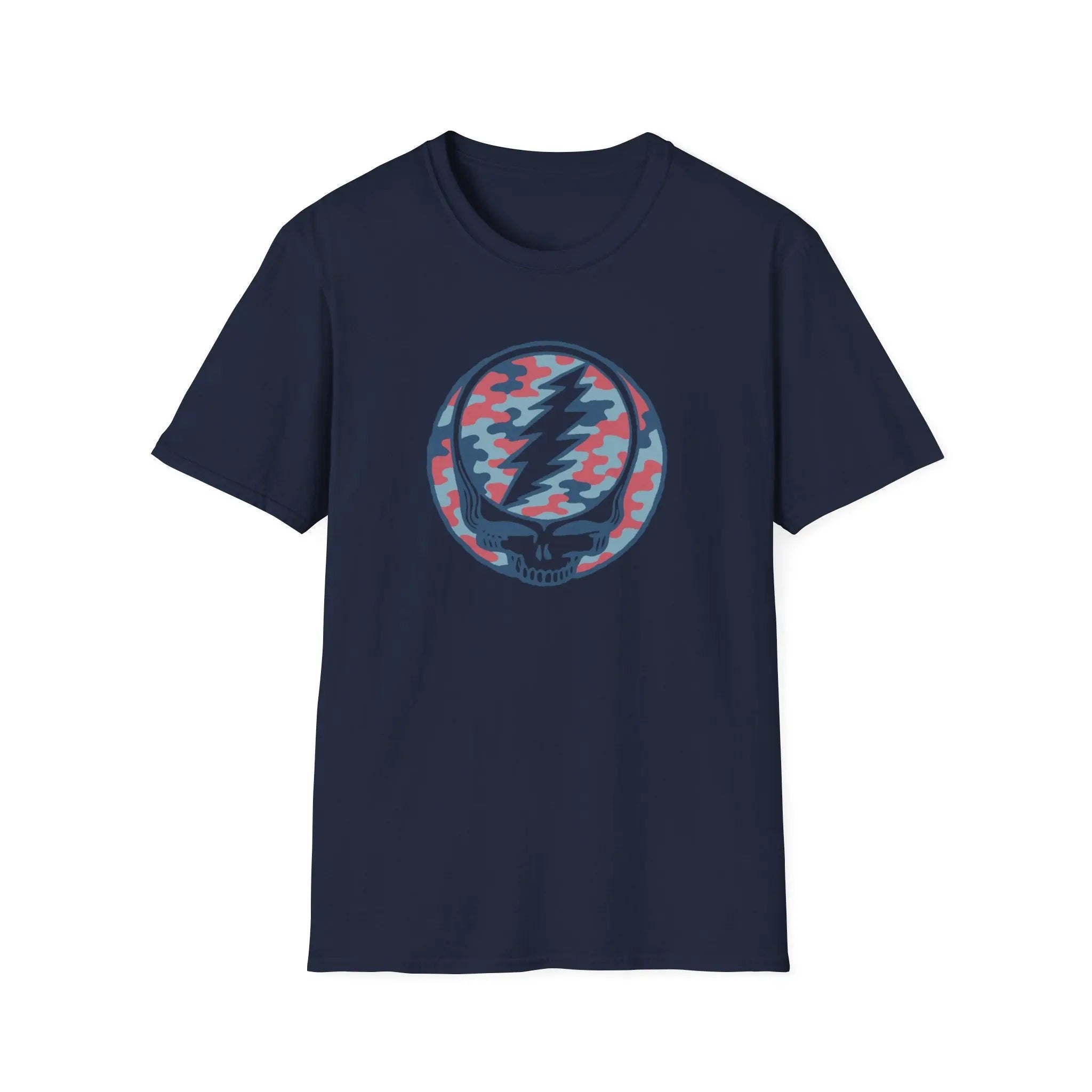 Navy crewneck T-shirt with circular camo skull lightning graphic