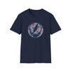 Navy crewneck T-shirt with circular camo skull lightning graphic
