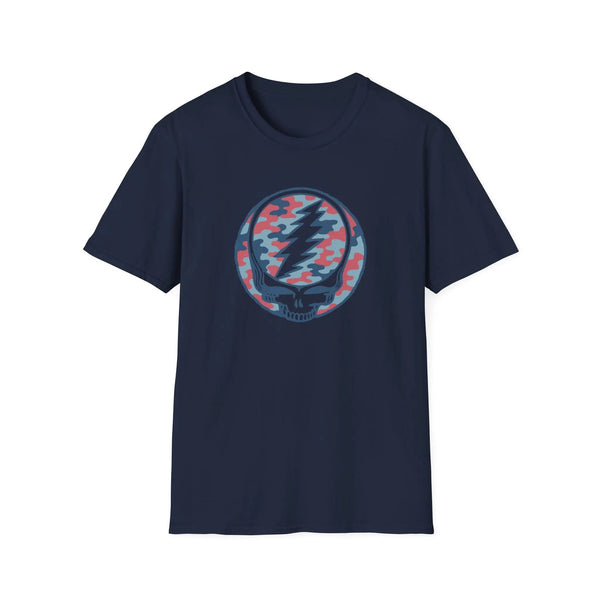 Navy crewneck T-shirt with circular camo skull lightning graphic