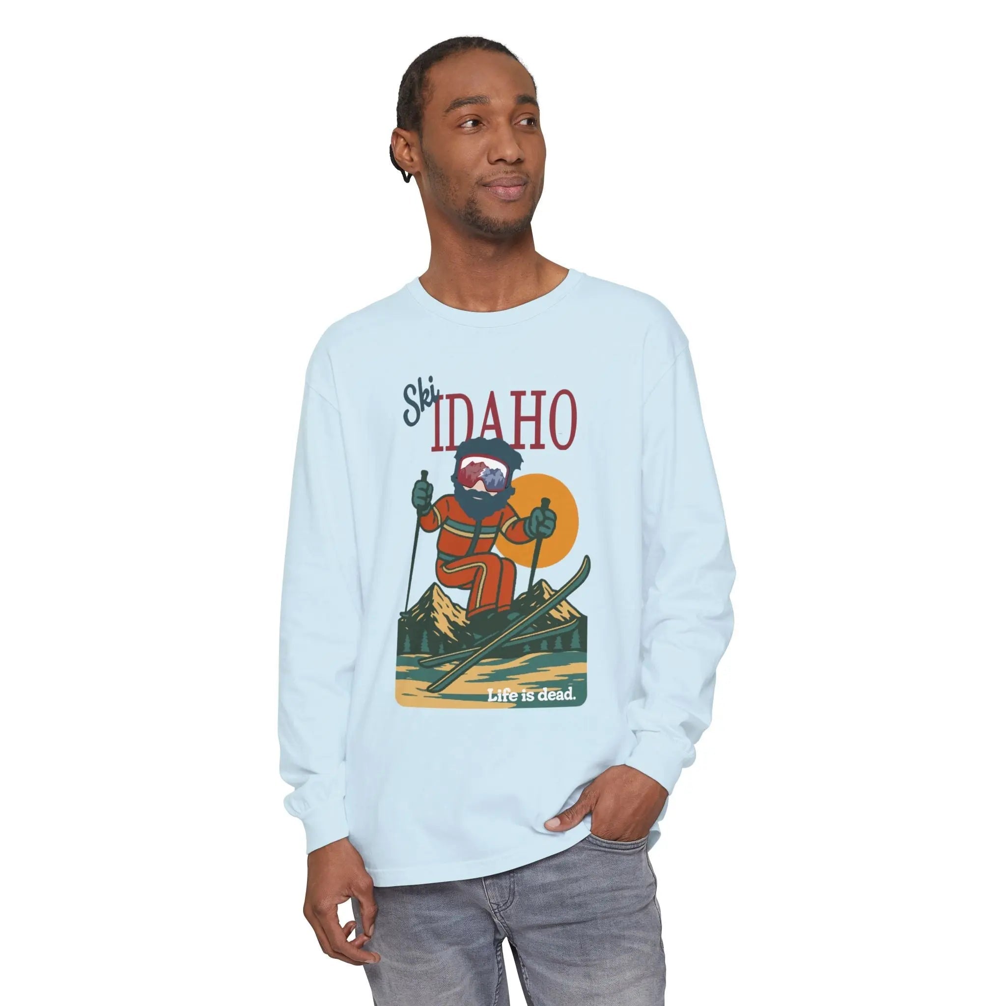 Men's long-sleeve graphic T-shirt in light blue with Idaho-style mountain print