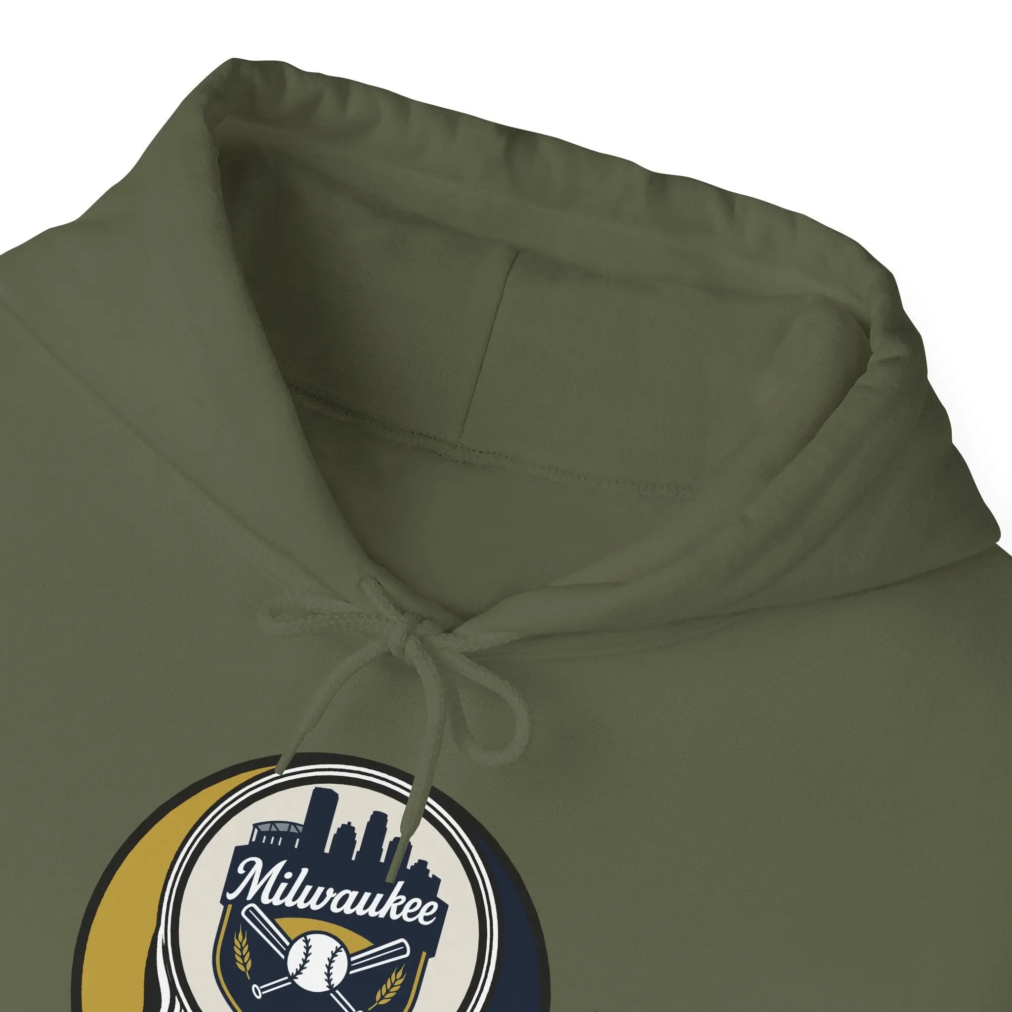 Olive green hoodie close-up of drawstring hood and Milwaukee logo patch