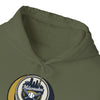Olive green hoodie close-up of drawstring hood and Milwaukee logo patch