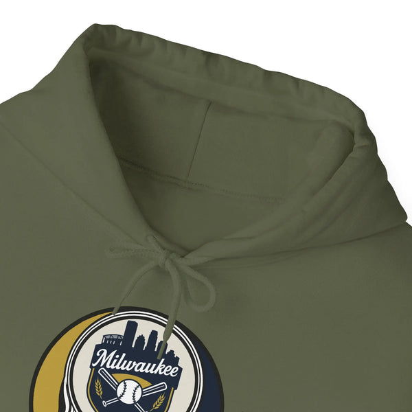 Olive green hoodie close-up of drawstring hood and Milwaukee logo patch