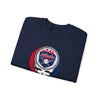 Navy crewneck sweatshirt, angled view, with circular Atlanta logo skull graphic