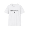 Two-sided print T-shirt in white with "LIFE IS DEAD" text and small globe icon