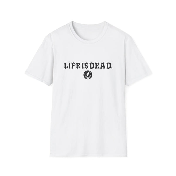 Two-sided print T-shirt in white with "LIFE IS DEAD" text and small globe icon