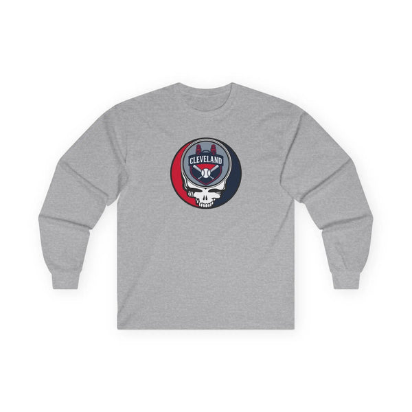 Sport gray Cleveland Guardians long-sleeve T-shirt with round Stealie skull logo on chest