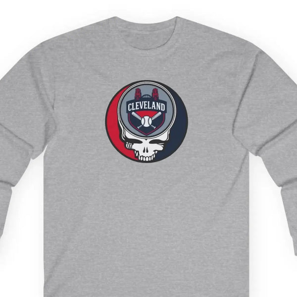 Sport gray Cleveland Guardians long-sleeve T-shirt with round Stealie skull chest logo