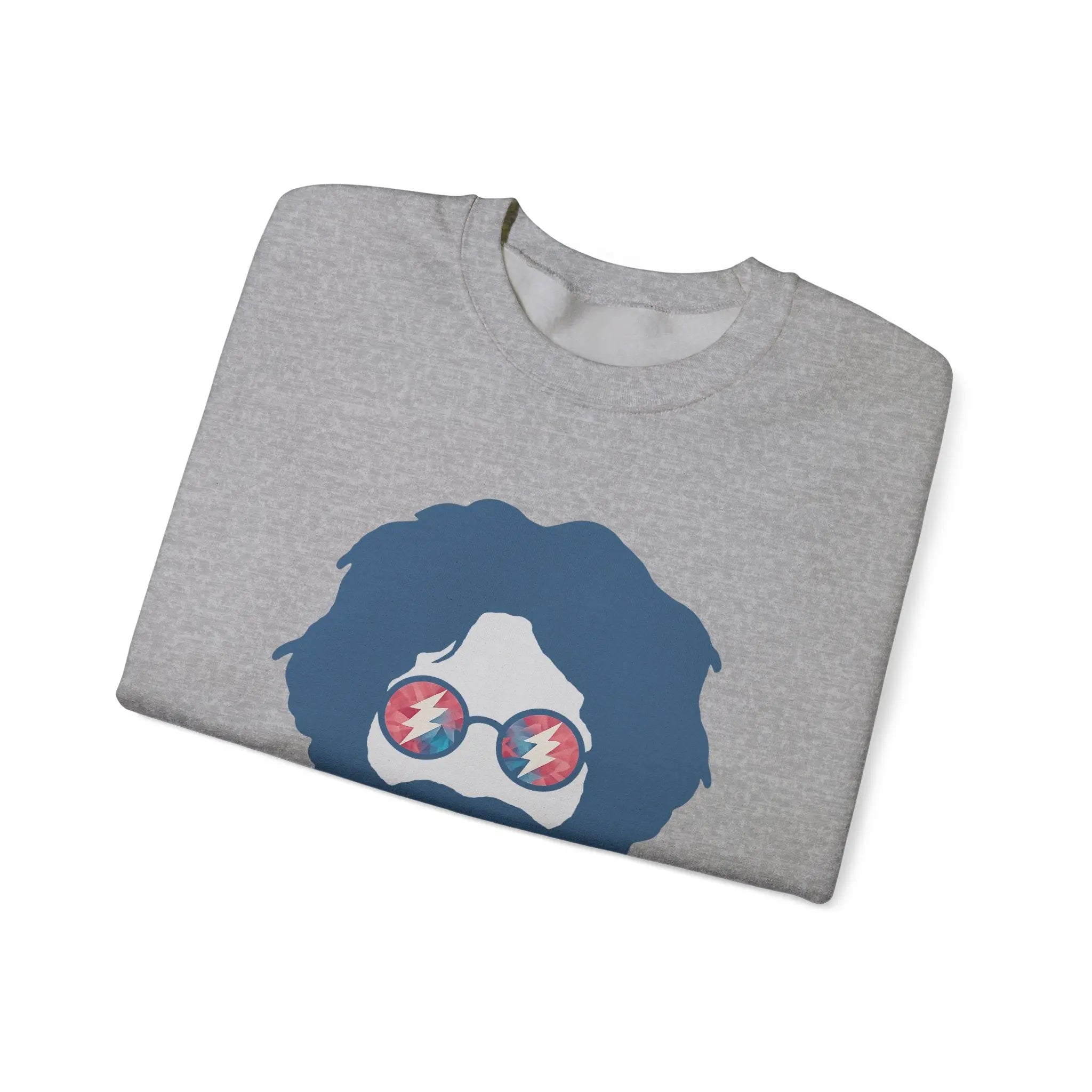 Sport grey folded crewneck sweatshirt with blue face graphic and sunglasses print