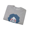 Sport grey folded crewneck sweatshirt with blue face graphic and sunglasses print